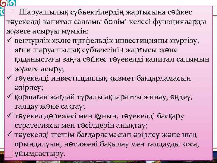 Шаруашылық субъектілердің жарғысына сәйкес тәуекелді капитал салымы бөлімі келесі функцияларды жүзеге асыруы мүмкін: ü
