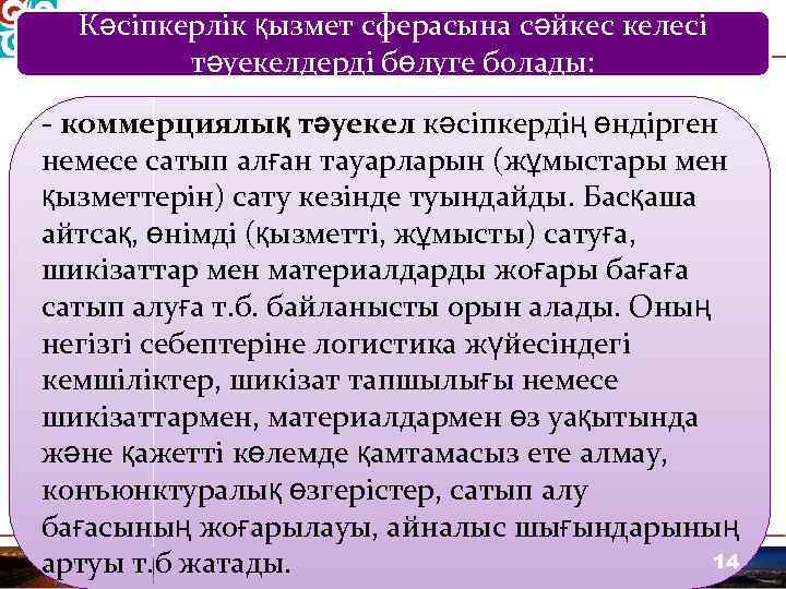 Кәсіпкерлік қызмет сферасына сәйкес келесі тәуекелдерді бөлуге болады: коммерциялық тәуекел кәсіпкердің өндірген немесе сатып