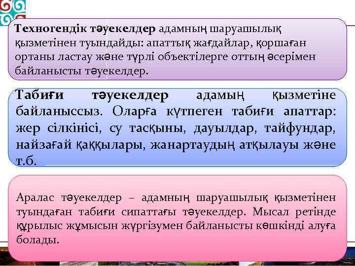 Техногендік тәуекелдер адамның шаруашылық қызметінен туындайды: апаттық жағдайлар, қоршаған ортаны ластау және түрлі объектілерге