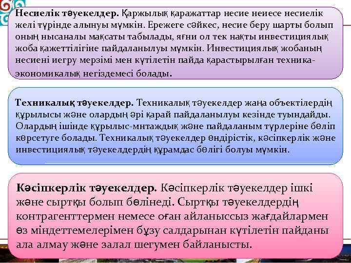 Несиелік тәуекелдер. Қаржылық қаражаттар несие неиесе несиелік желі түрінде алынуы мүмкін. Ережеге сәйкес, несие