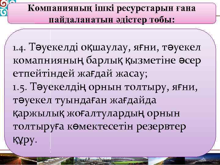 Компанияның ішкі ресурстарын ғана пайдаланатын әдістер тобы: 1. 4. Тәуекелді оқшаулау, яғни, тәуекел комапнияның