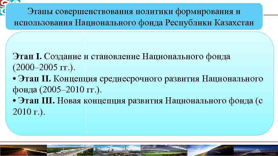 Этапы совершенствования политики формирования и использования Национального фонда Республики Казахстан Этап I. Создание и
