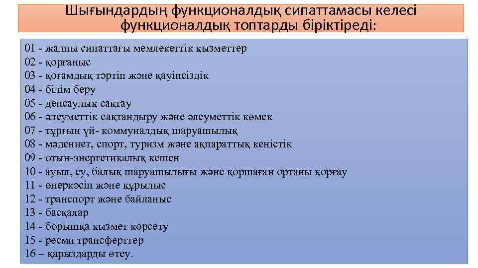 Шығындардың функционалдық сипаттамасы келесі функционалдық топтарды біріктіреді: 01 - жалпы сипаттағы мемлекеттік қызметтер 02