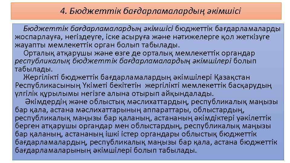 4. Бюджеттік бағдарламалардың әкімшісі бюджеттік бағдарламаларды жоспарлауға, негіздеуге, іске асыруға және нәтижелерге қол жеткізуге