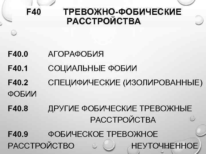 F 40 ТРЕВОЖНО-ФОБИЧЕСКИЕ РАССТРОЙСТВА F 40. 0 АГОРАФОБИЯ F 40. 1 СОЦИАЛЬНЫЕ ФОБИИ F