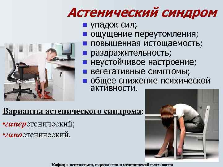Астенический синдром n n n n упадок сил; ощущение переутомления; повышенная истощаемость; раздражительность; неустойчивое