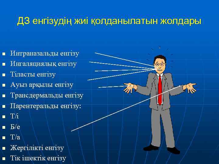 ДЗ енгізудің жиі қолданылатын жолдары n n n Интраназальды енгізу Ингаляциялық енгізу Тіласты енгізу