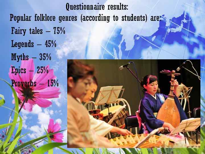 Questionnaire results: Popular folklore genres (according to students) are: Fairy tales – 75% Legends
