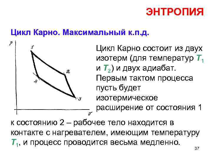 ЭНТРОПИЯ Цикл Карно. Максимальный к. п. д. Цикл Карно состоит из двух изотерм (для