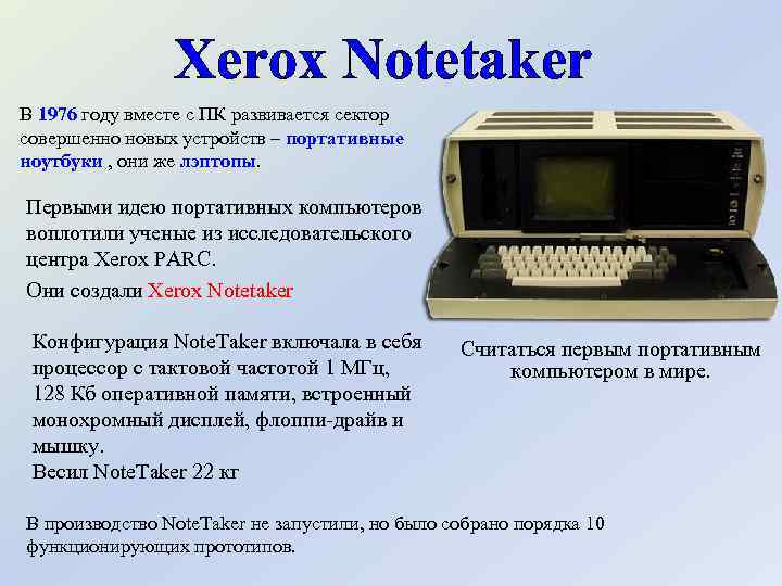 Xerox Notetaker В 1976 году вместе с ПК развивается сектор совершенно новых устройств –