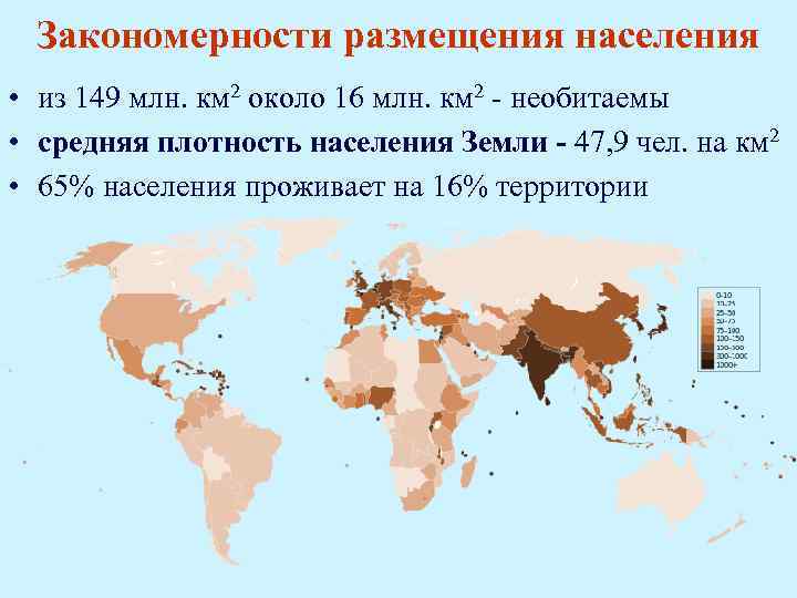 Закономерности размещения населения • из 149 млн. км 2 около 16 млн. км 2
