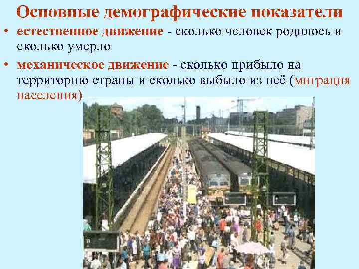 Основные демографические показатели • естественное движение - сколько человек родилось и сколько умерло •