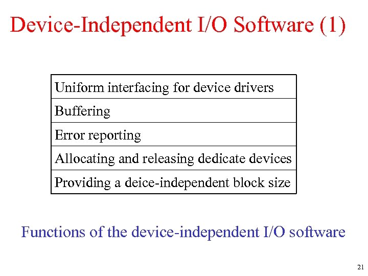 Device-Independent I/O Software (1) Uniform interfacing for device drivers Buffering Error reporting Allocating and