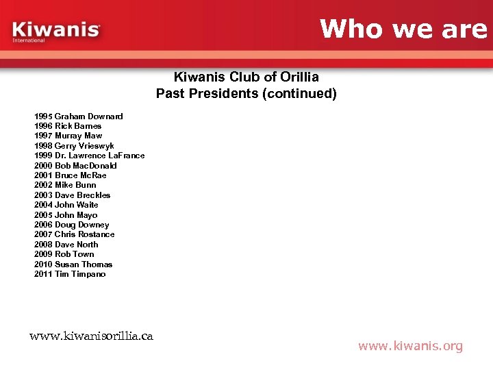 Who we are Kiwanis Club of Orillia Past Presidents (continued) 1995 Graham Downard 1996