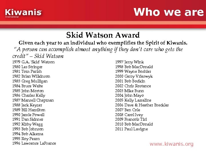 Who we are Skid Watson Award Given each year to an individual who exemplifies