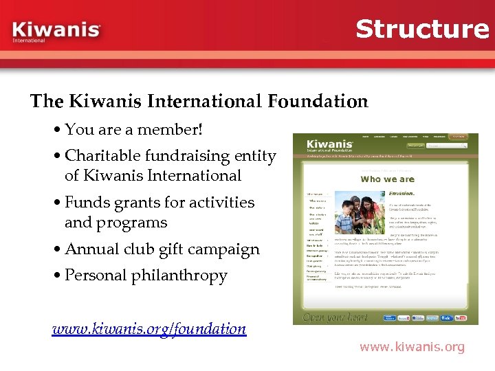 Structure The Kiwanis International Foundation • You are a member! • Charitable fundraising entity