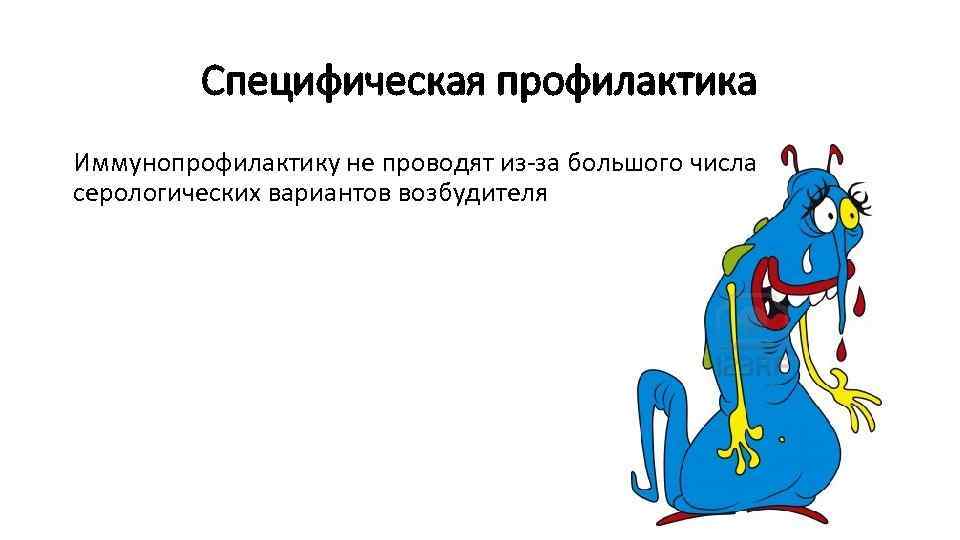 Специфическая профилактика Иммунопрофилактику не проводят из-за большого числа серологических вариантов возбудителя 
