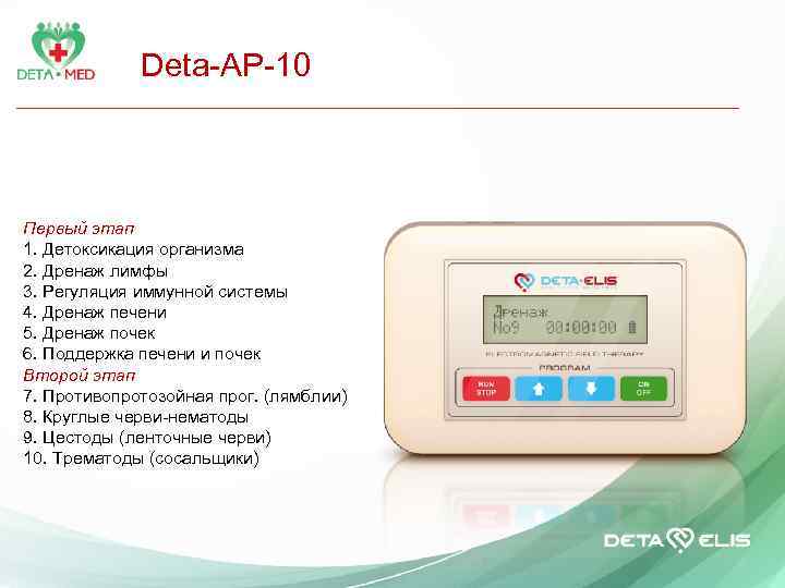 Deta-AP-10 Первый этап 1. Детоксикация организма 2. Дренаж лимфы 3. Регуляция иммунной системы 4.