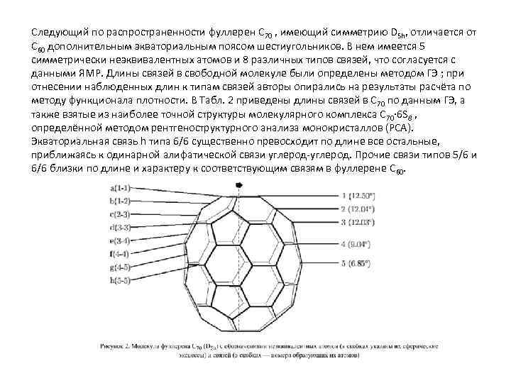 Следующий по распространенности фуллерен C 70 , имеющий симметрию D 5 h, отличается от