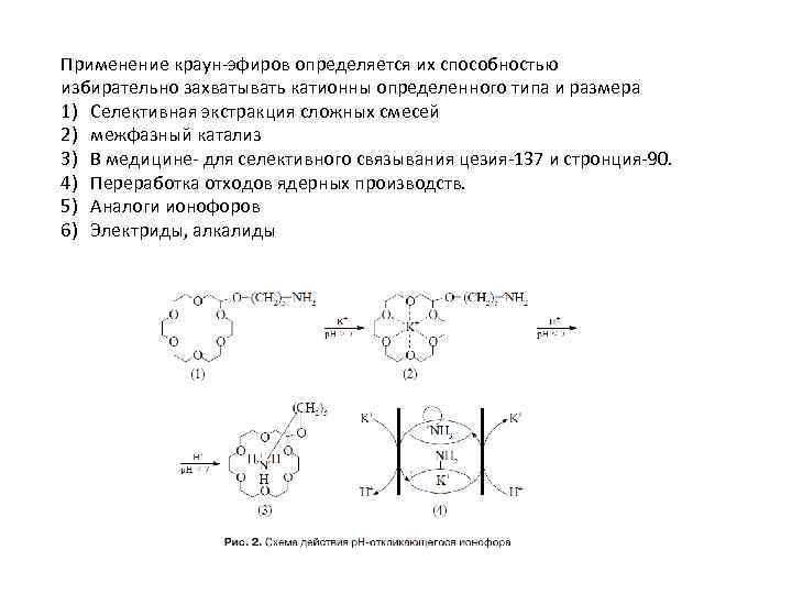 Применение краун-эфиров определяется их способностью избирательно захватывать катионны определенного типа и размера 1) Селективная