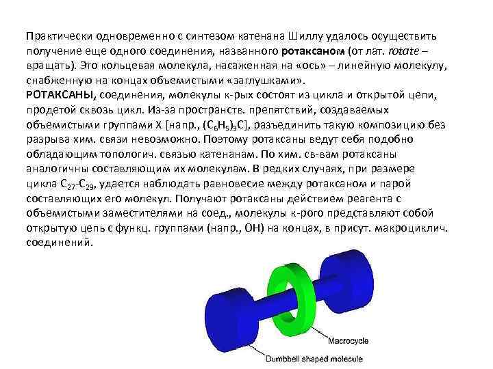 Практически одновременно с синтезом катенана Шиллу удалось осуществить получение еще одного соединения, названного ротаксаном