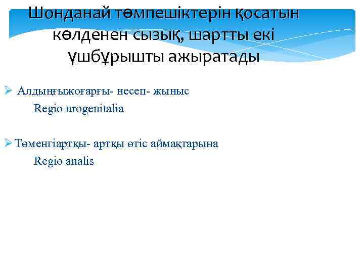 Шонданай төмпешіктерін қосатын көлденен сызық, шартты екі үшбұрышты ажыратады Ø Алдыңғыжоғарғы- несеп- жыныс Regio