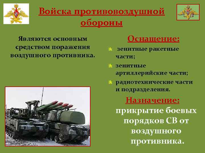 Войска противовоздушной обороны Являются основным средством поражения воздушного противника. Оснащение: зенитные ракетные части; зенитные