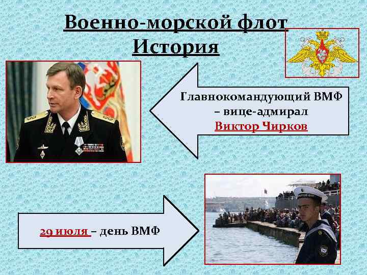 Военно-морской флот История Главнокомандующий ВМФ – вице-адмирал Виктор Чирков 29 июля – день ВМФ