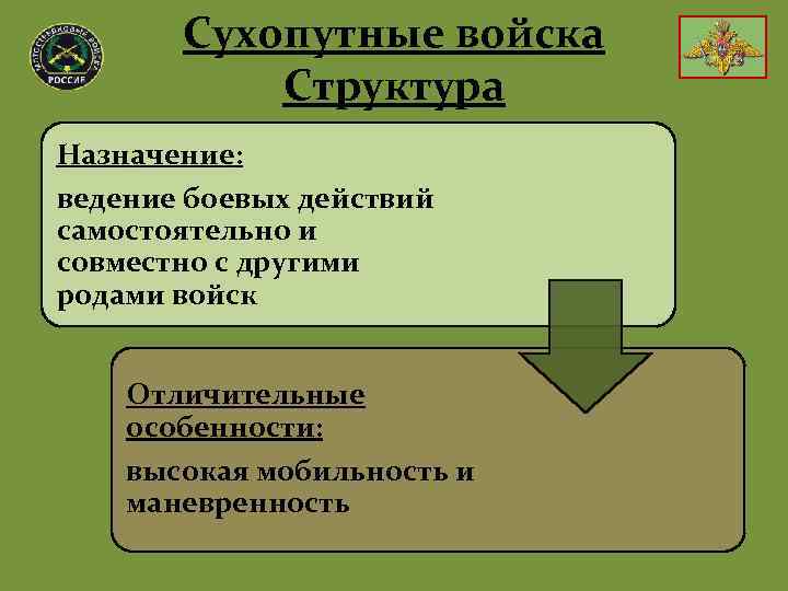 Сухопутные войска Структура Назначение: ведение боевых действий самостоятельно и совместно с другими родами войск