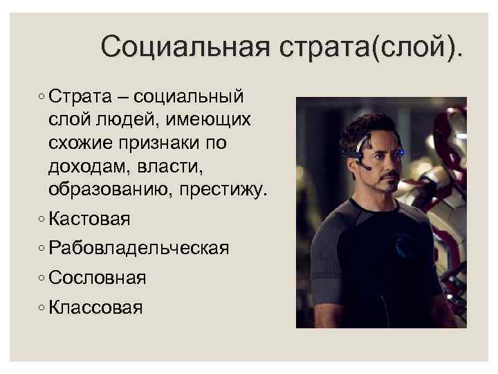 Социальная страта(слой). ◦ Страта – социальный слой людей, имеющих схожие признаки по доходам, власти,