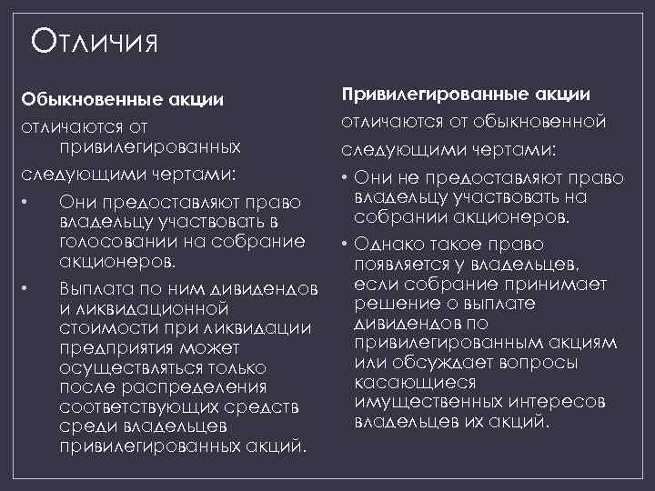 Отличия Обыкновенные акции Привилегированные акции отличаются от привилегированных отличаются от обыкновенной следующими чертами: •
