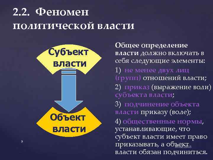 2. 2. Феномен политической власти Субъект власти Объект власти 9 Общее определение власти должно