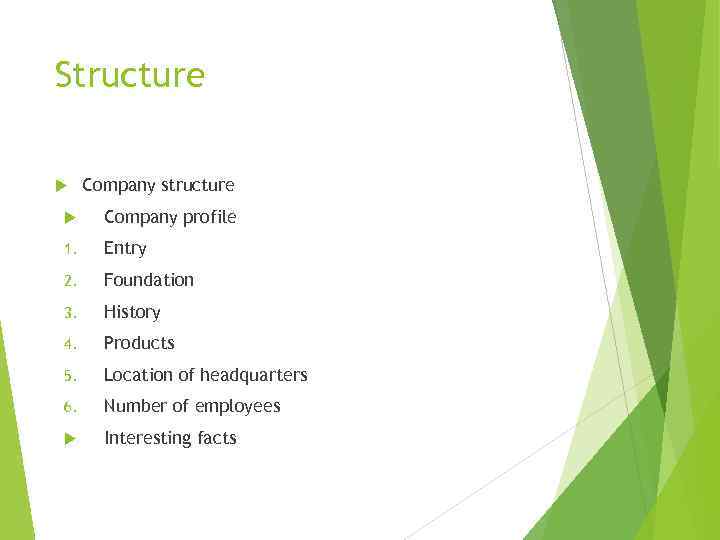 Structure Company structure Company profile 1. Entry 2. Foundation 3. History 4. Products 5.