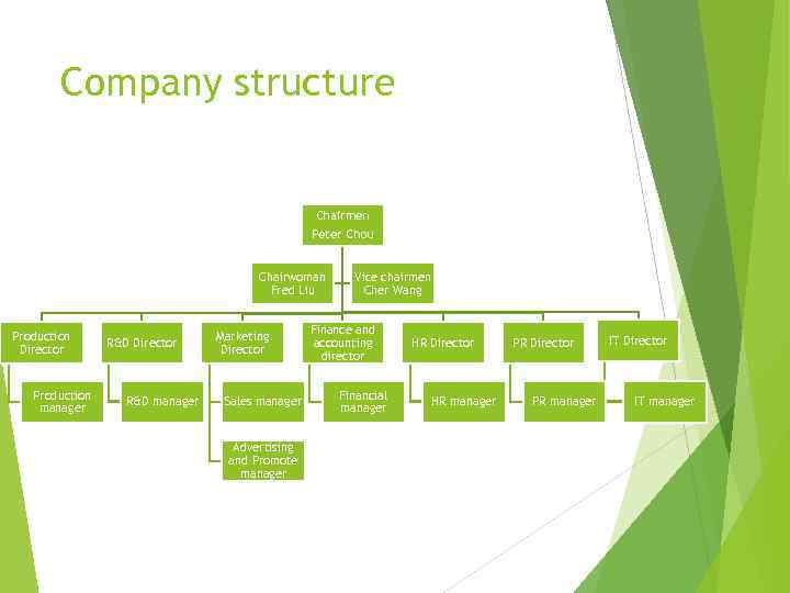 Company structure Chairmen Peter Chou Chairwoman Fred Liu Production Director Production manager R&D Director