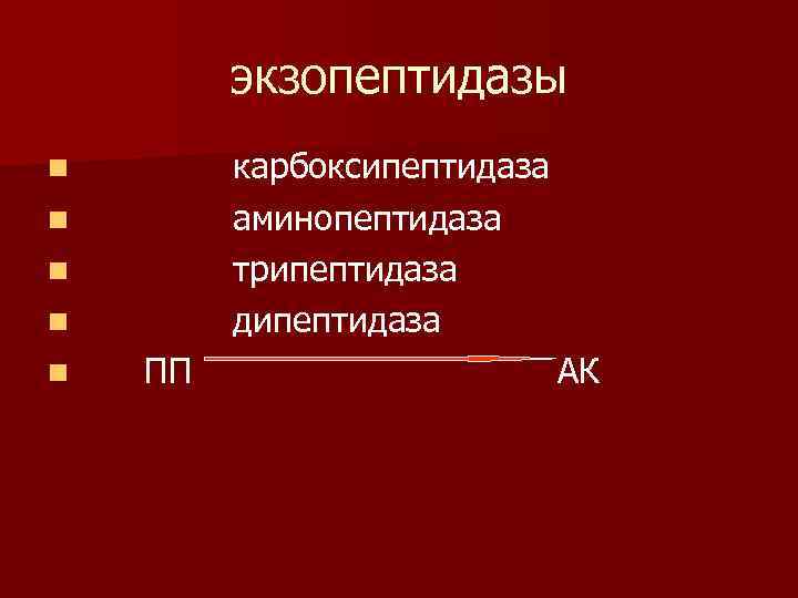 экзопептидазы карбоксипептидаза аминопептидаза трипептидаза дипептидаза n n n ПП АК 