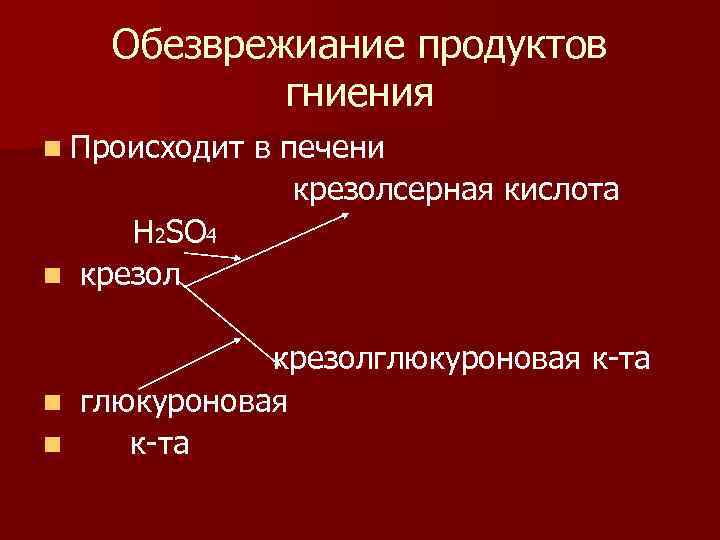 Обезврежиание продуктов гниения n Происходит в печени крезолсерная кислота Н 2ЅО 4 n крезолглюкуроновая