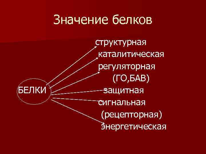 Значение белков БЕЛКИ структурная каталитическая регуляторная (ГО, БАВ) защитная сигнальная (рецепторная) энергетическая 