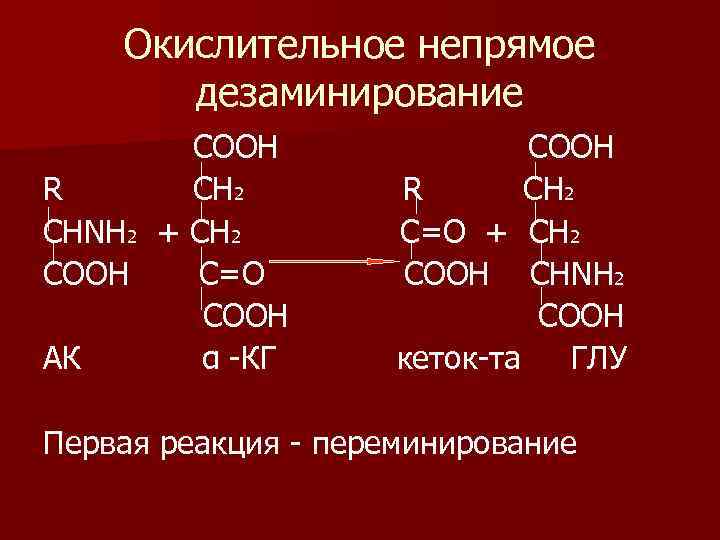 Окислительное непрямое дезаминирование СООН R C Н 2 СНΝН 2 + СН 2 СООН