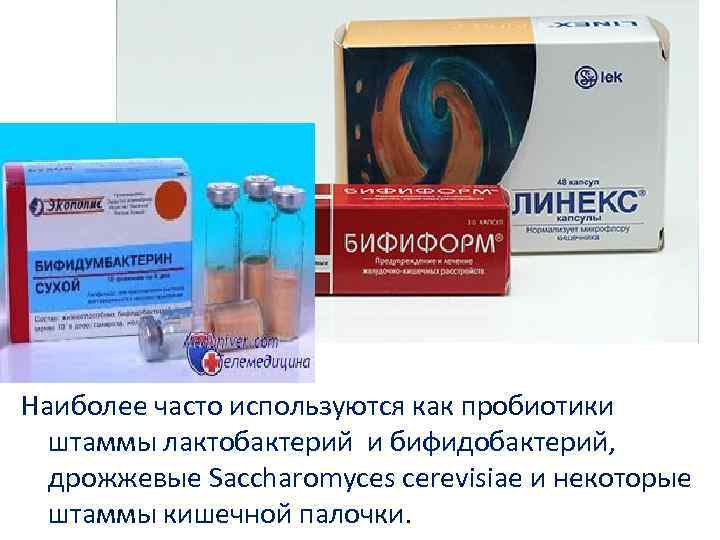 Наиболее часто используются как пробиотики штаммы лактобактерий и бифидобактерий, дрожжевые Saccharomyces cerevisiae и некоторые