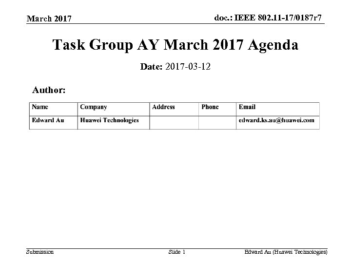 doc. : IEEE 802. 11 -17/0187 r 7 March 2017 Task Group AY March