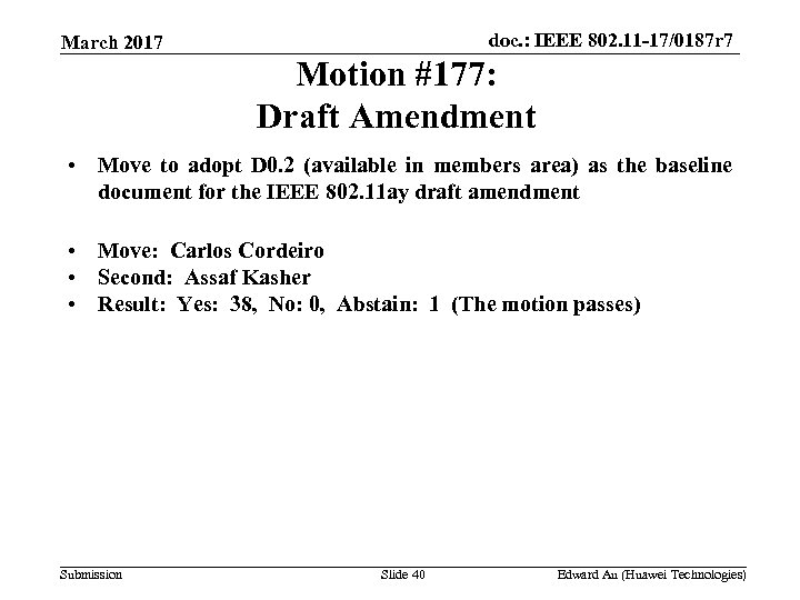 doc. : IEEE 802. 11 -17/0187 r 7 March 2017 Motion #177: Draft Amendment