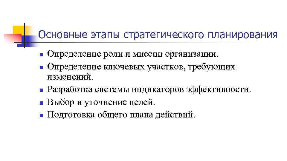 Основные этапы стратегического планирования n n n Определение роли и миссии организации. Определение ключевых