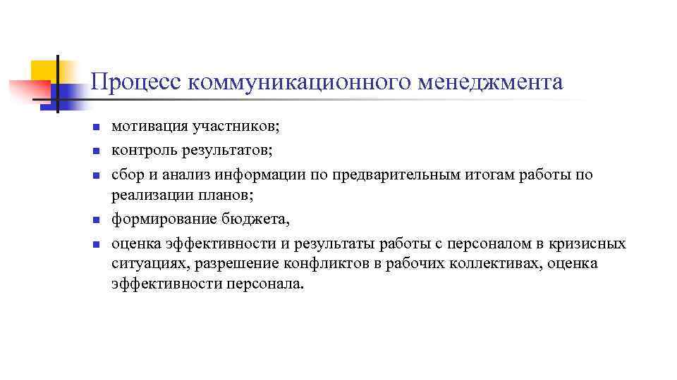 Процесс коммуникационного менеджмента n n n мотивация участников; контроль результатов; сбор и анализ информации