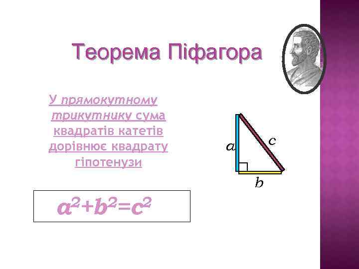 Теорема Піфагора У прямокутному трикутнику сума квадратів катетів дорівнює квадрату гіпотенузи c а b