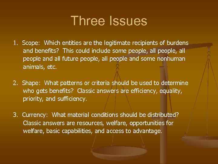 Three Issues 1. Scope: Which entities are the legitimate recipients of burdens and benefits?