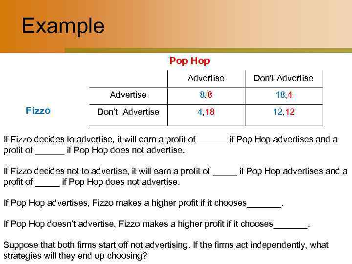 Example Pop Hop Advertise Fizzo Don’t Advertise 8, 8 18, 4 Don’t Advertise 4,