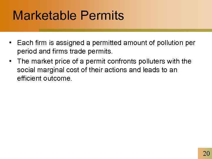 Marketable Permits • Each firm is assigned a permitted amount of pollution period and