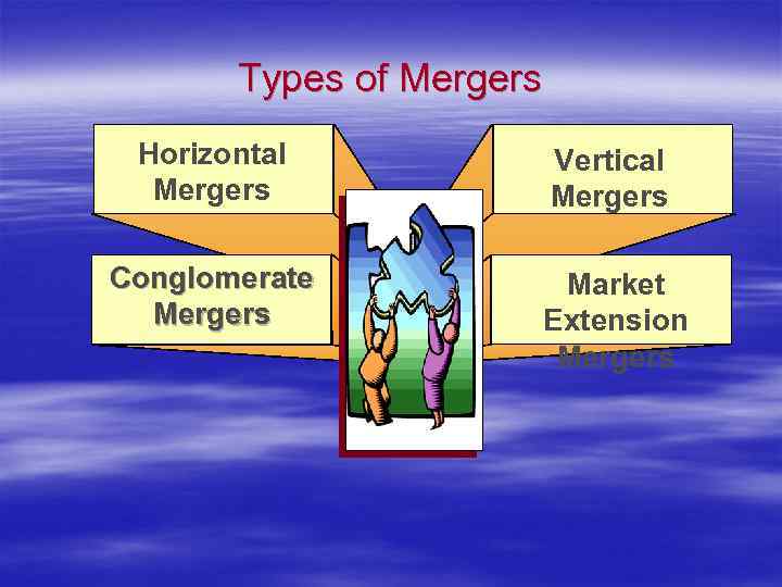 Types of Mergers Horizontal Mergers Vertical Mergers Conglomerate Mergers Market Extension Mergers 
