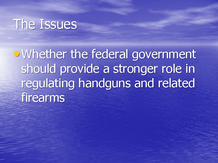The Issues • Whether the federal government should provide a stronger role in regulating