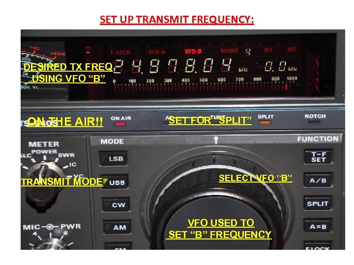 SET UP TRANSMIT FREQUENCY: DESIRED TX FREQ USING VFO “B” ON THE AIR!! TRANSMIT